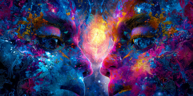 Two facing figures wreathed in cosmic florals with a mandala mirror between them - dream privacy and the Universal Language of Mind
