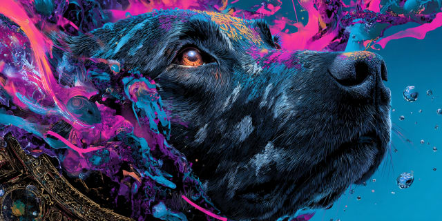 Pintura surrealista vibrante de un labrador negro inmóvil de perfil bajo luz azul profunda con gotas suspendidas, que representa un hábito mental que completó su transformación