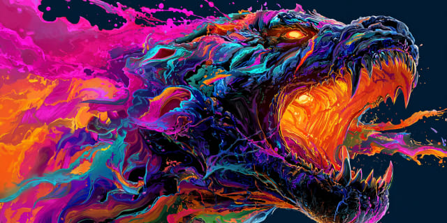 A roaring dragon head in profile, jaws open on a glowing orange throat, rendered in magenta and teal marbling, illustrating the dragon as the ego in the Universal Language of Mind