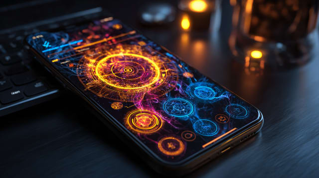 Phone on a desk showing a dream journal app with a mandala interface - Universal Language of Mind