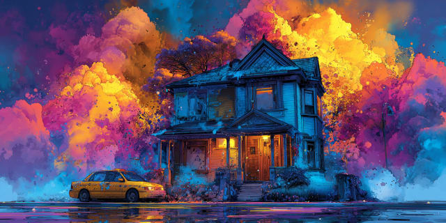 Surreal mystical illustration of a childhood home glowing beneath a vibrant dream sky, symbolizing an earlier structure of the dreamer's own mind