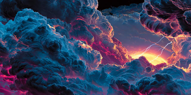 Nubes de tormenta enormes iluminadas en magenta y dorado con relámpagos abriéndose paso - el aire en los sueños