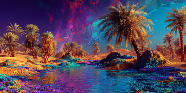 Un lac d'oasis turquoise et immobile entouré de palmiers et de dunes sous un ciel cosmique - le lac en rêve