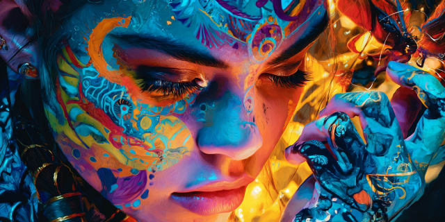Um rosto feminino jovem de olhos fechados com cores florescendo sobre ela, símbolo de um aspecto receptivo em desenvolvimento da mente do sonhador