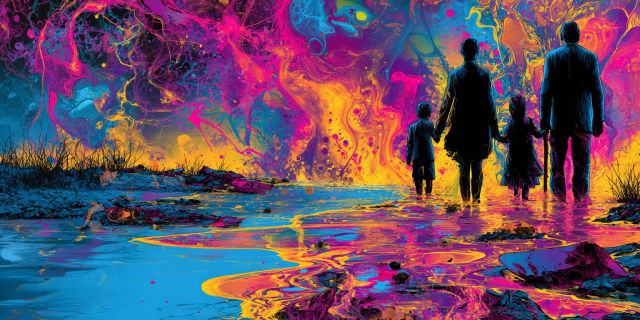 Silhouetted figures walking hand in hand along a shoreline of molten colour, travelling the same way together