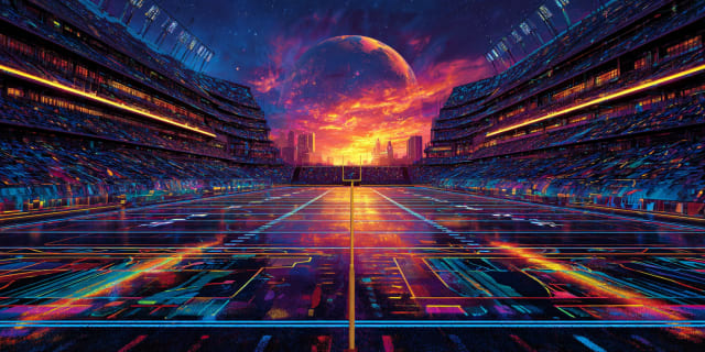 Terrain de football neon surreal au coucher du soleil sous une lune cosmique geante, symbole du jeu de la vie dans le Universal Language of Mind
