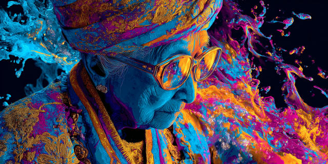 Une femme âgée coiffée d’un turban orné et de lunettes dorées, entourée d’éclats de couleurs cosmiques, représentant la grand-mère comme la qualité réceptive du mental superconscient dans le Langage Universel de l’Esprit