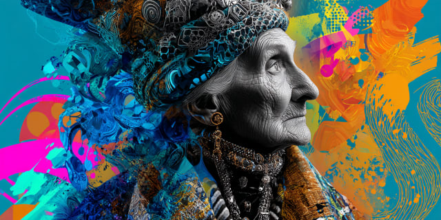 Senhora idosa majestosa de perfil com turbante ornamentado e joias sobre fundo turquesa, símbolo da mente superconsciente receptiva em um sonho