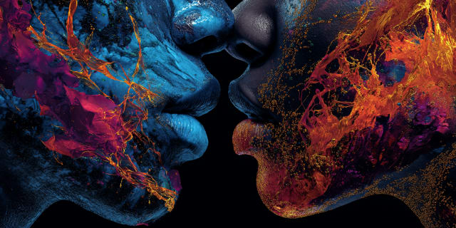 Two faces meeting in a kiss, one rendered in cool blue and one in fire orange, mystical hyper-surrealism — self-love in the Universal Language of Mind