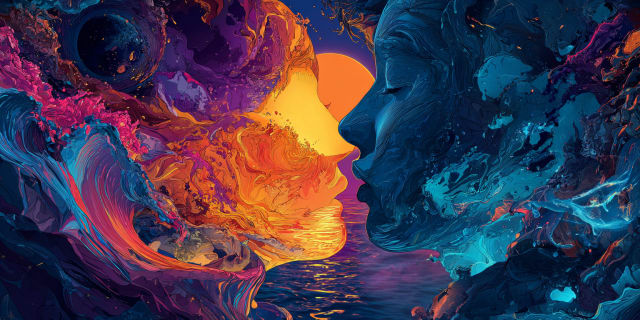 Un rostro solar de fuego frente a un rostro lunar de agua sobre un horizonte oceánico cósmico, que simboliza el sol como conciencia superconsciente en el Lenguaje Universal de la Mente.