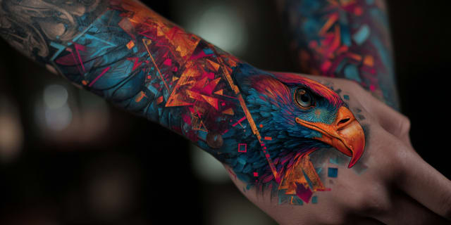 A surreal eagle and geometric sleeve tattoo glowing on skin, symbolizing a permanent belief marked on identity in a dream