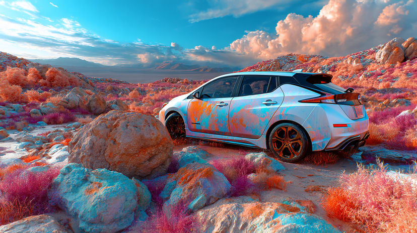 Auto moderno en un surrealista desierto rosa-naranja con montañas cósmicas