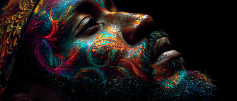 Um homem barbado de perfil, rosto voltado para cima e olhos fechados, pintado em cores vivas sobre preto: a meditação nos sonhos