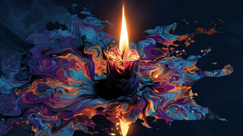 Uma chama de vela em hiper-surrealismo místico, símbolo de uma qualidade interior nova que precisa de cuidado — CHITTA, Linguagem Universal da Mente