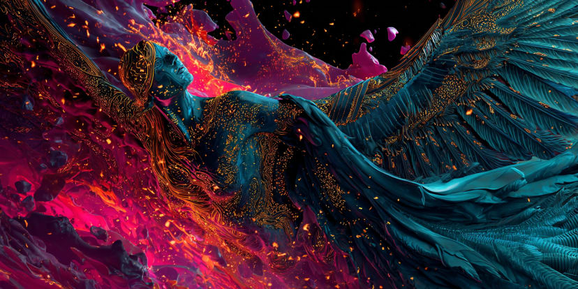 Une figure ailée sereine étendue parmi des flammes en fusion et des plumes turquoise, intacte - rêver d'un feu qui ne brûle pas
