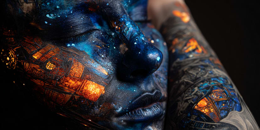 Obra surrealista de un tatuador marcando a un soñador, que ilustra la autoexpresión en el Lenguaje Universal de la Mente en CHITTA