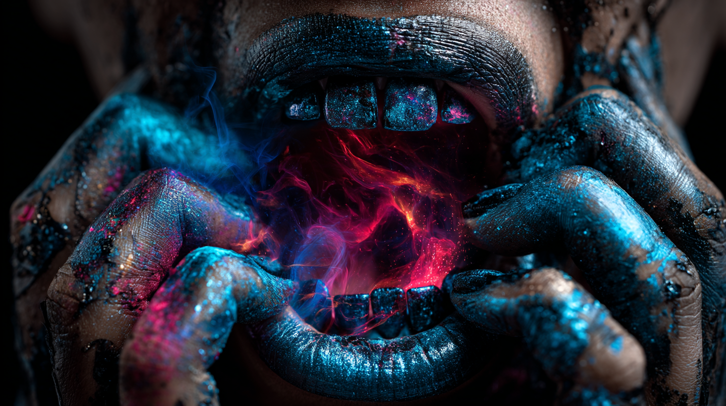 A cosmic open mouth taking in glowing energy, symbolizing food as knowledge being assimilated in the Universal Language of Mind