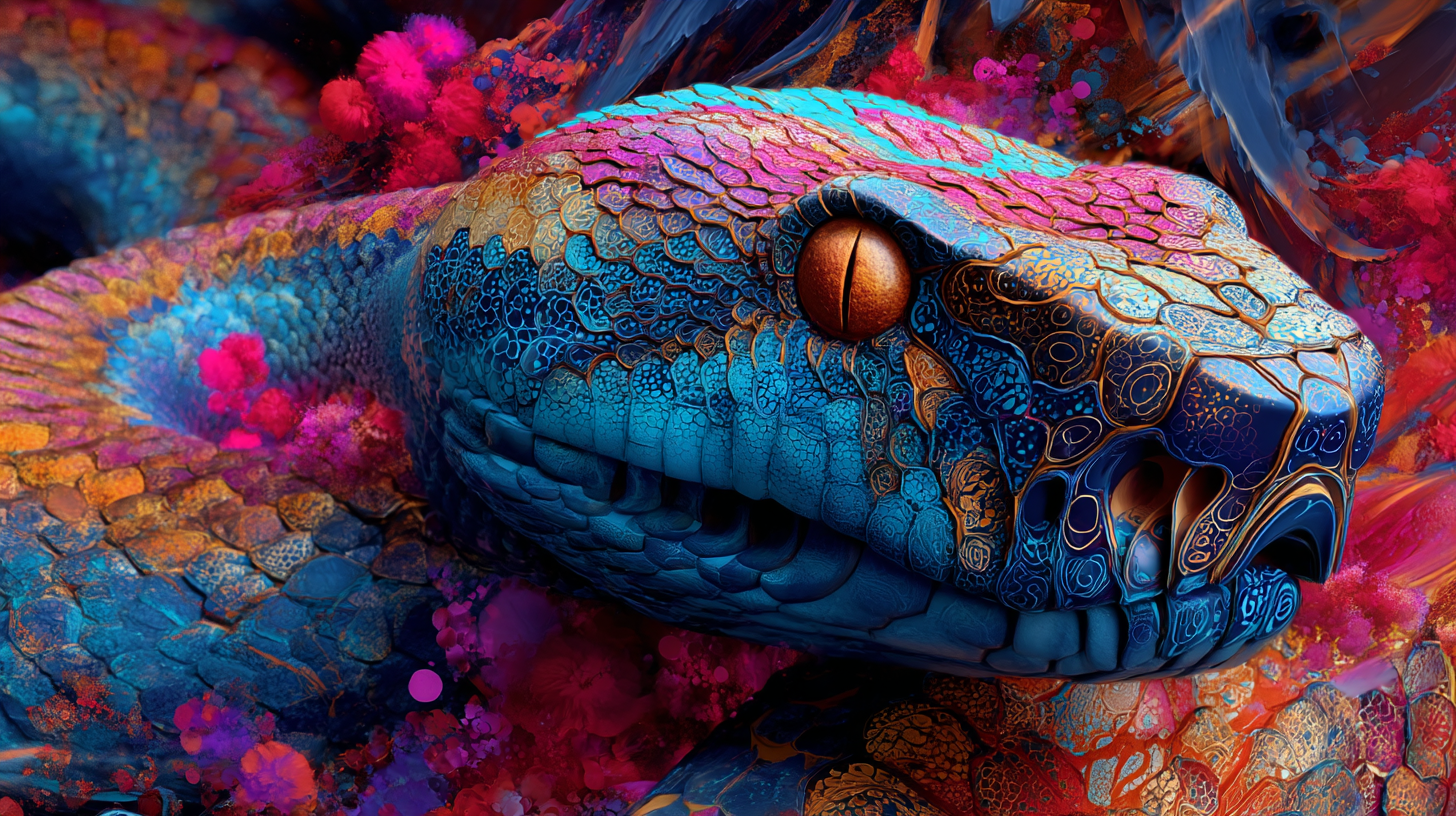 Serpiente visionaria y vibrante de transformación ascendiendo por luz cósmica etérea, símbolo del recurrente poder creativo kundalini en el Universal Language of Mind