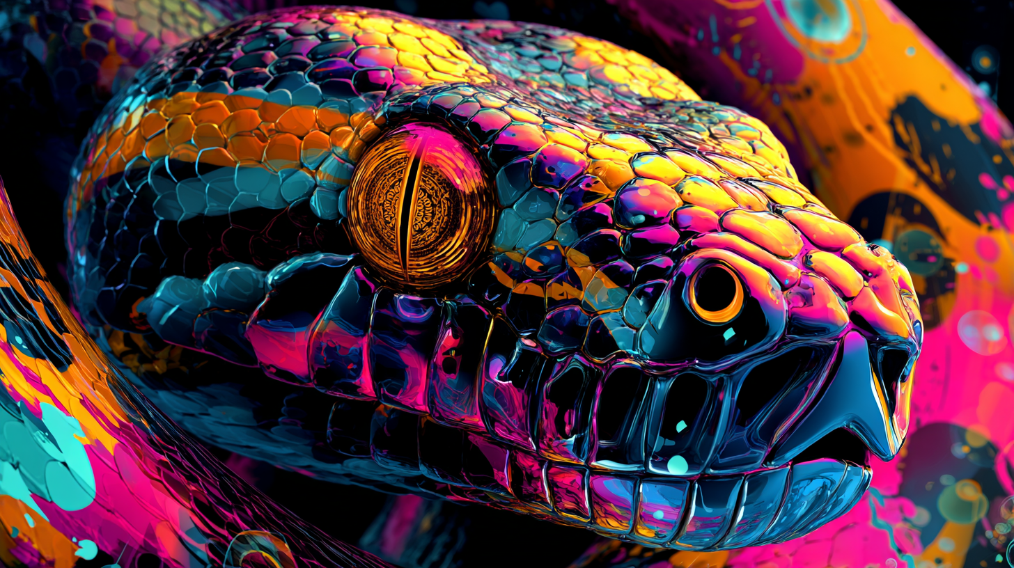 Serpiente luminosa y feroz surgiendo entre sombra y luz cósmica, símbolo del poder creativo kundalini persiguiendo al soñador en el Universal Language of Mind