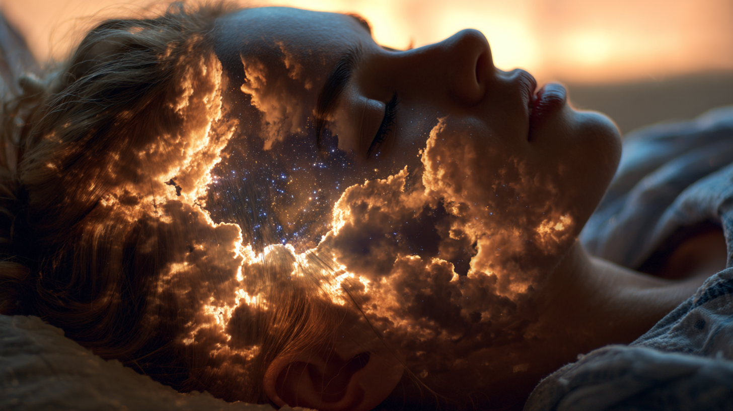 Person flying through lucid dream landscape representing dream navigation through attention