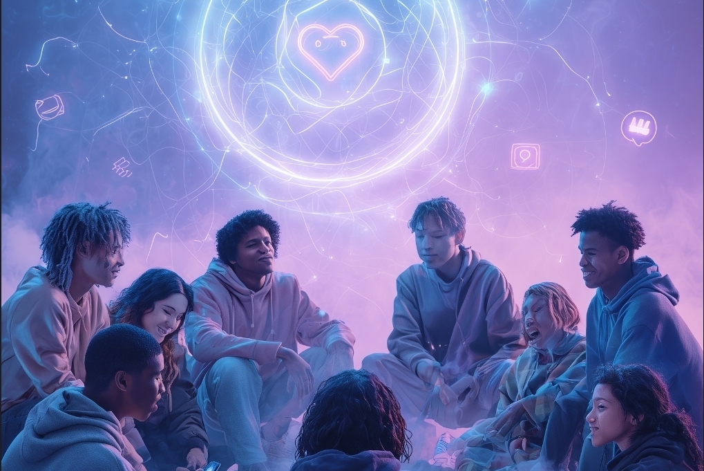 Deux figures se rencontrant dans un environnement astral lumineux