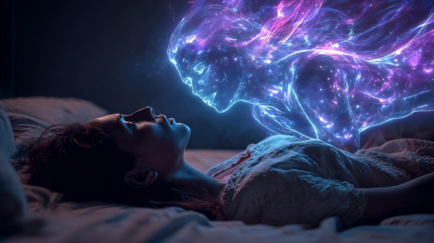 Persona enfrentando sin miedo una figura oscura en sueño lúcido