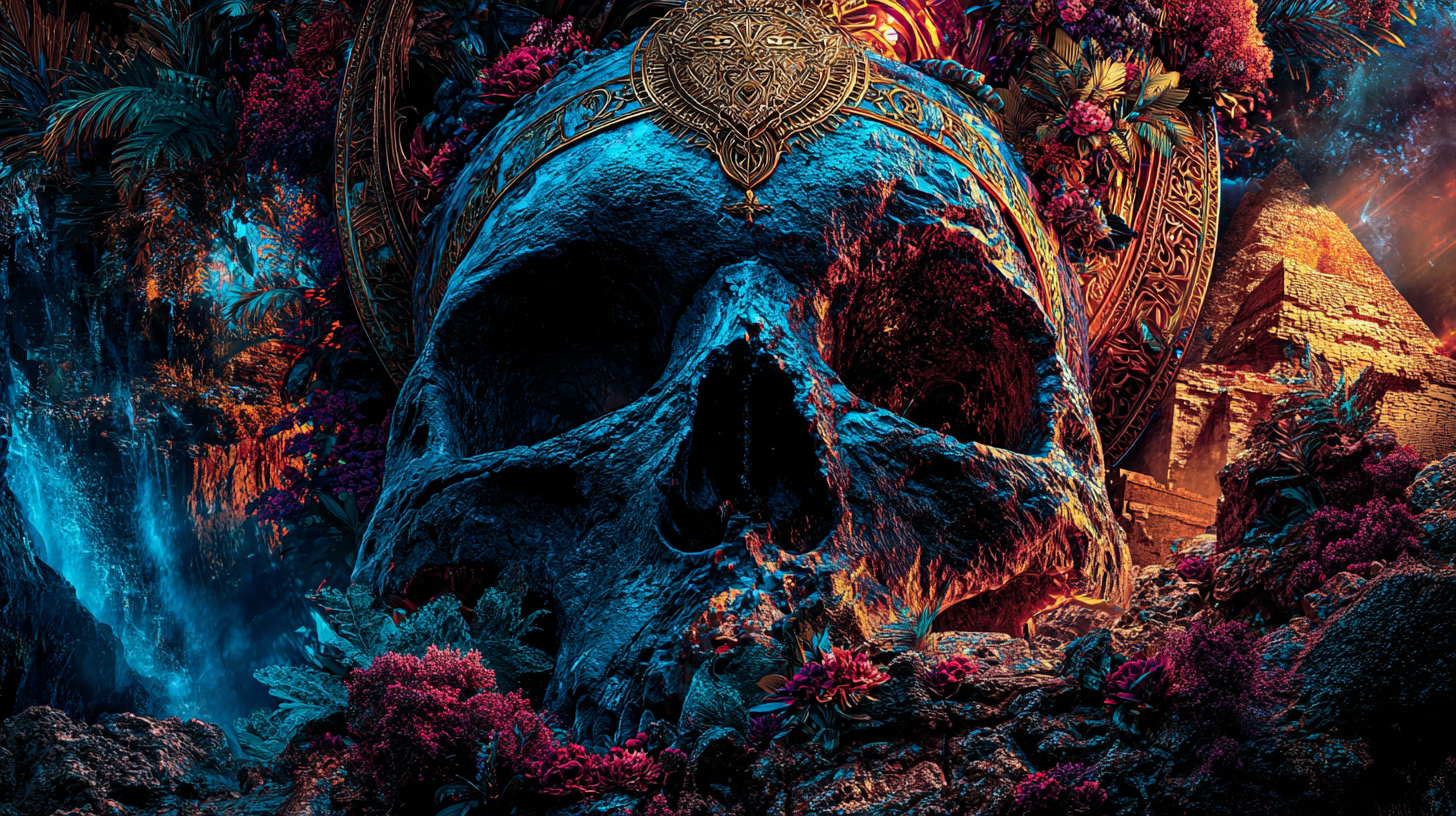 Aztec skull as a symbol of conscious inner transformation — death imagery reframed through the Universal Language of Mind