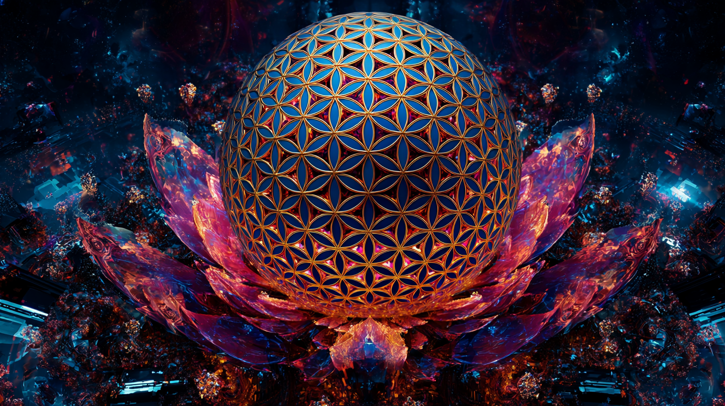 A glowing sphere with a gold Flower of Life lattice over deep blue, resting on a magenta and violet lotus in a dark starry field - universe in dreams meaning