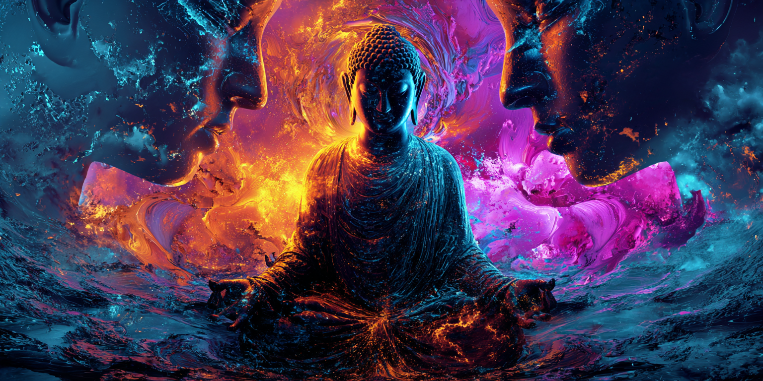 Dark seated Buddha figure in meditation between two giant facing profiles, wrapped in orange flames and violet-pink smoke - temple in dreams meaning