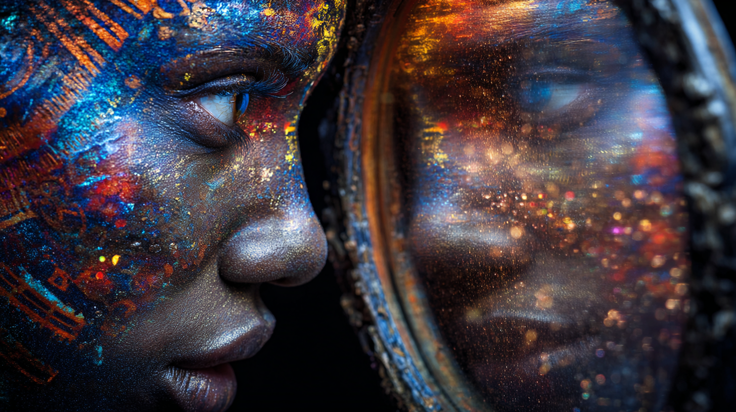 Close profile of a face with luminous blue, orange and gold pigment on the skin, turned toward an ornate round mirror holding the same face in dim reflection on black - mirror in dreams meaning