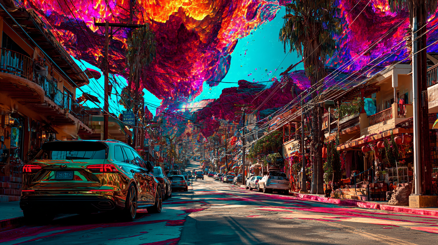 एक अतियथार्थवादी स्वप्न परिदृश्य जिसमें नीचे की ओर जाता हुआ मार्ग है