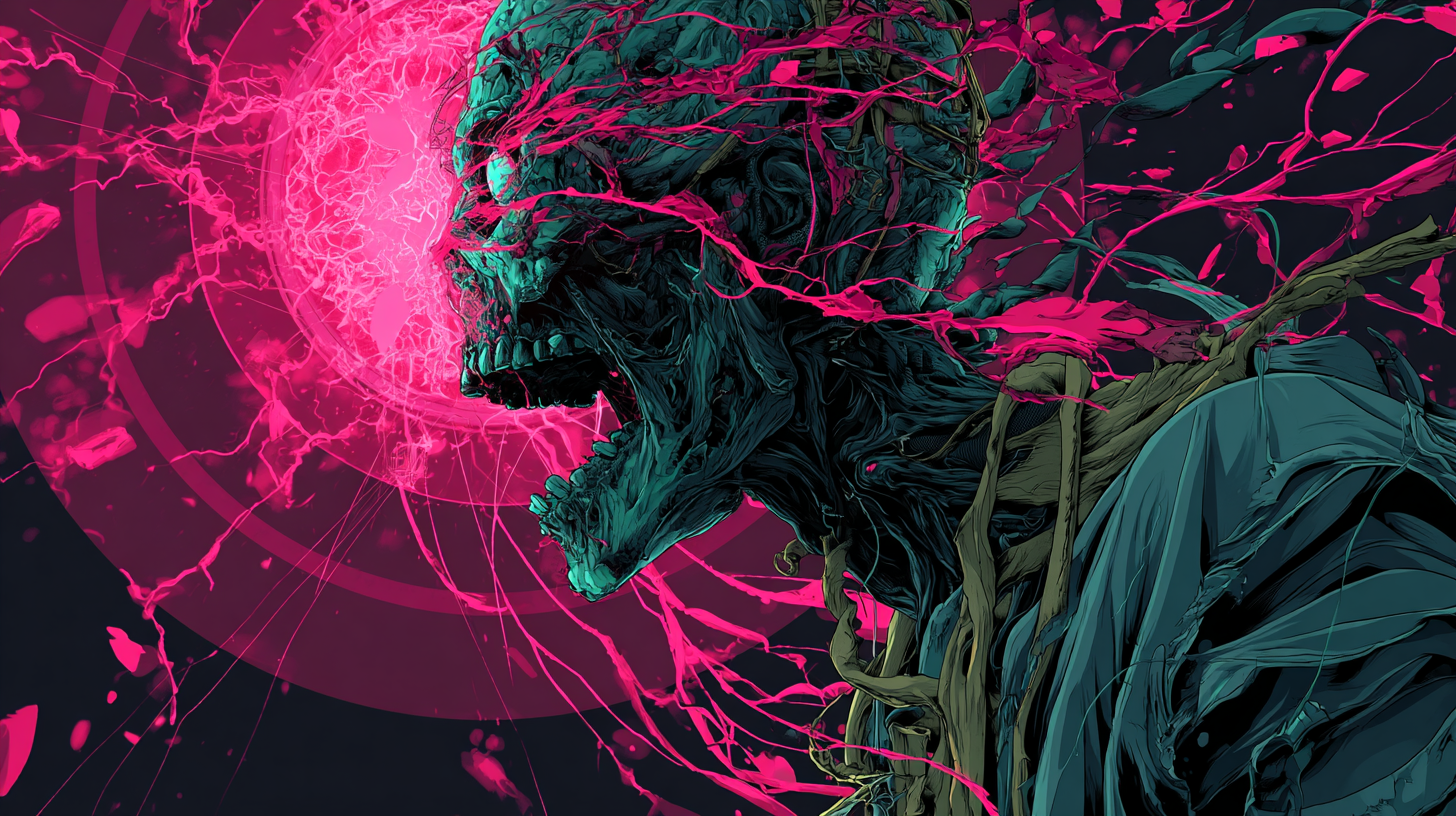 A decayed green-grey figure in profile with its mouth open and torn cloth on its shoulders, inside a huge magenta ring on black - zombies in dreams meaning