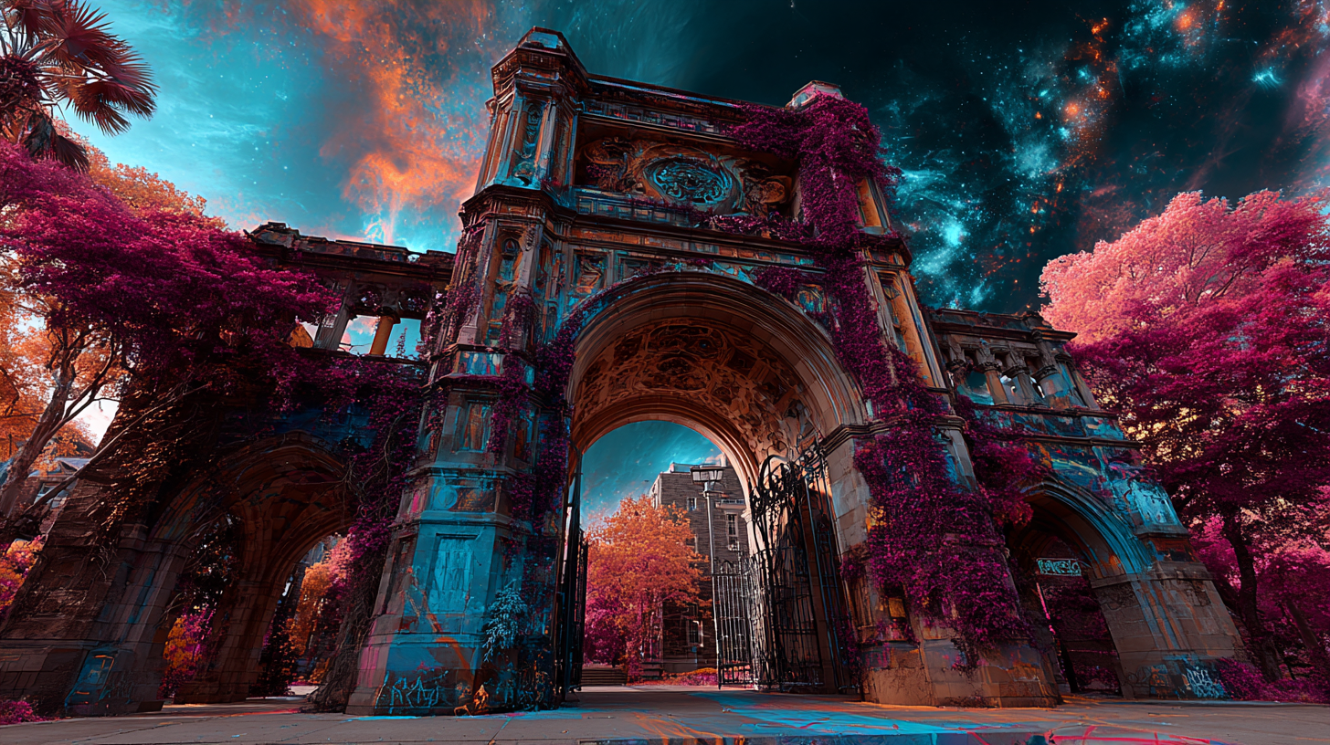 Une salle de classe universitaire surréaliste et mystique représentant la signification du Langage Universel du Mental de l'école dans les rêves — un état mental d'apprentissage où les leçons de vie sont enseignées et mesurées.