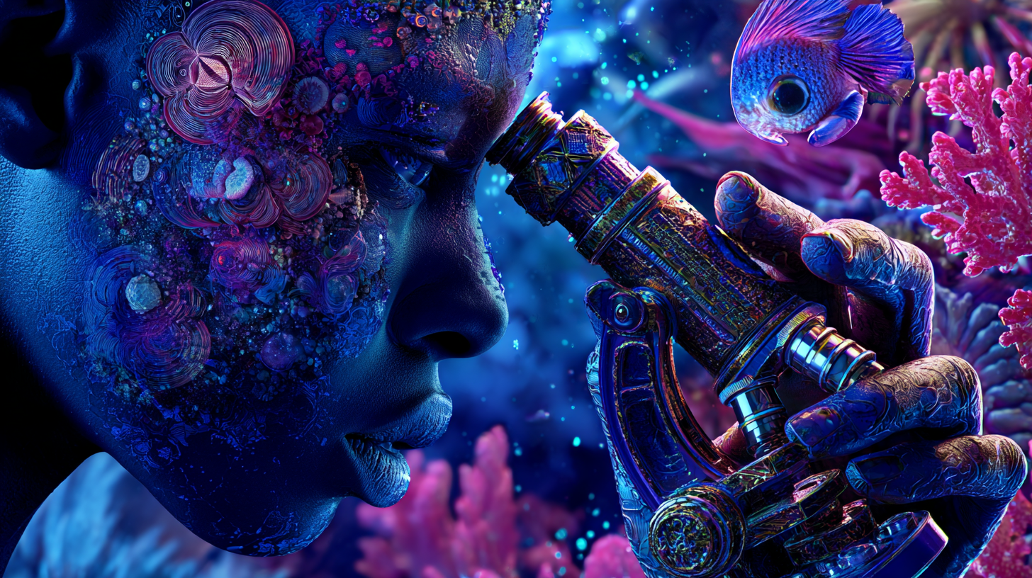 Deep blue face in profile looking into an ornate jewelled microscope, pink and magenta coral blooming from the head and a bright fish nearby - microscope in dreams meaning