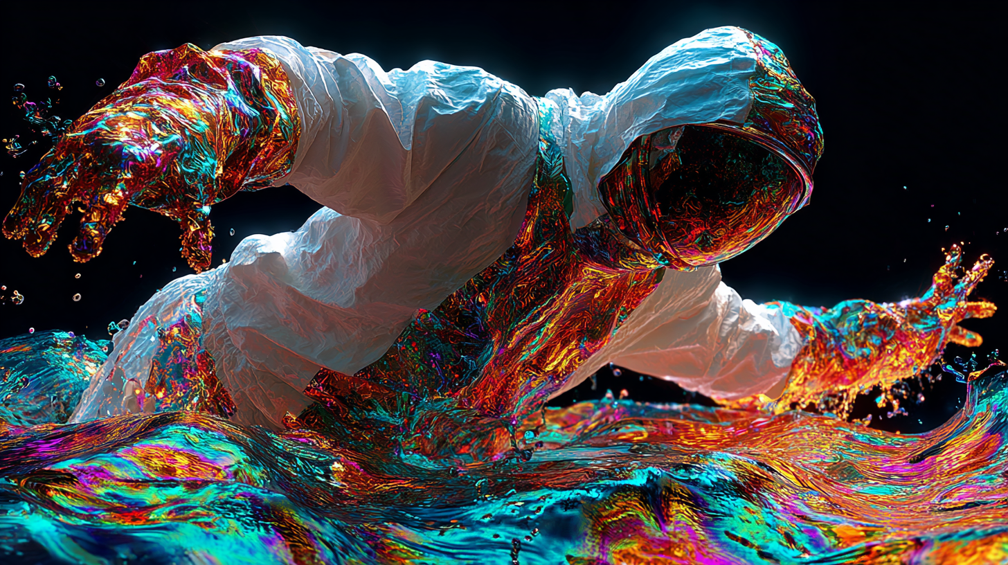 Uma figura luminosa feita de luz iridescente emergindo de uma superficie liquida, a consciencia cruzando de um plano a outro