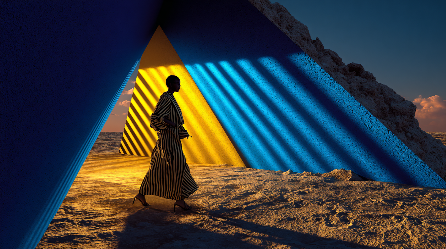 Lone figure walking past angular geometric structures casting strong shadow stripes in desert light — symbolic visualization of confronting the inner aspect of self in the Universal Language of Mind.