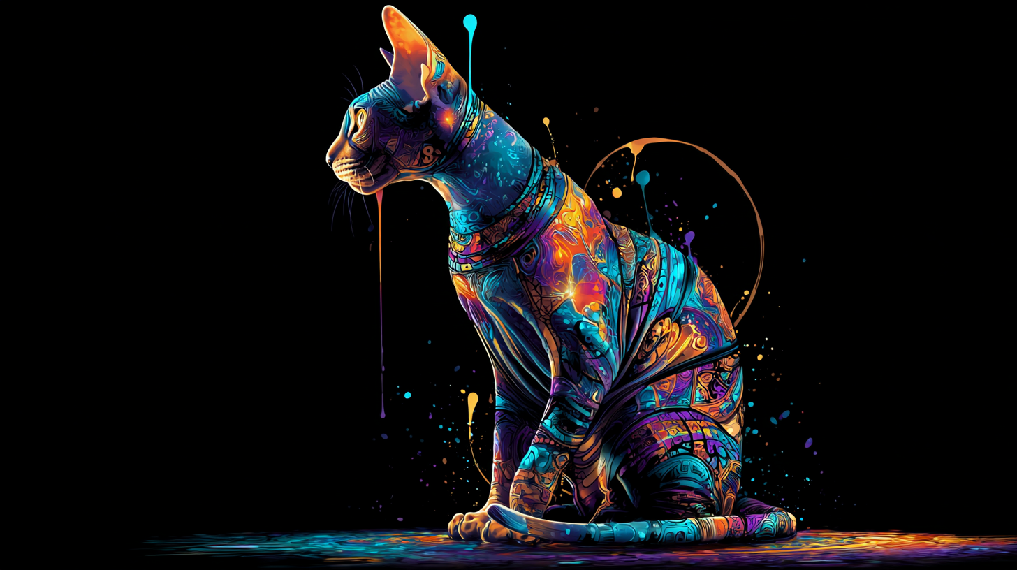 Surrealist mystical illustration of a cat as a symbolic representation of an autonomous mental habit running silently inside the state of mind