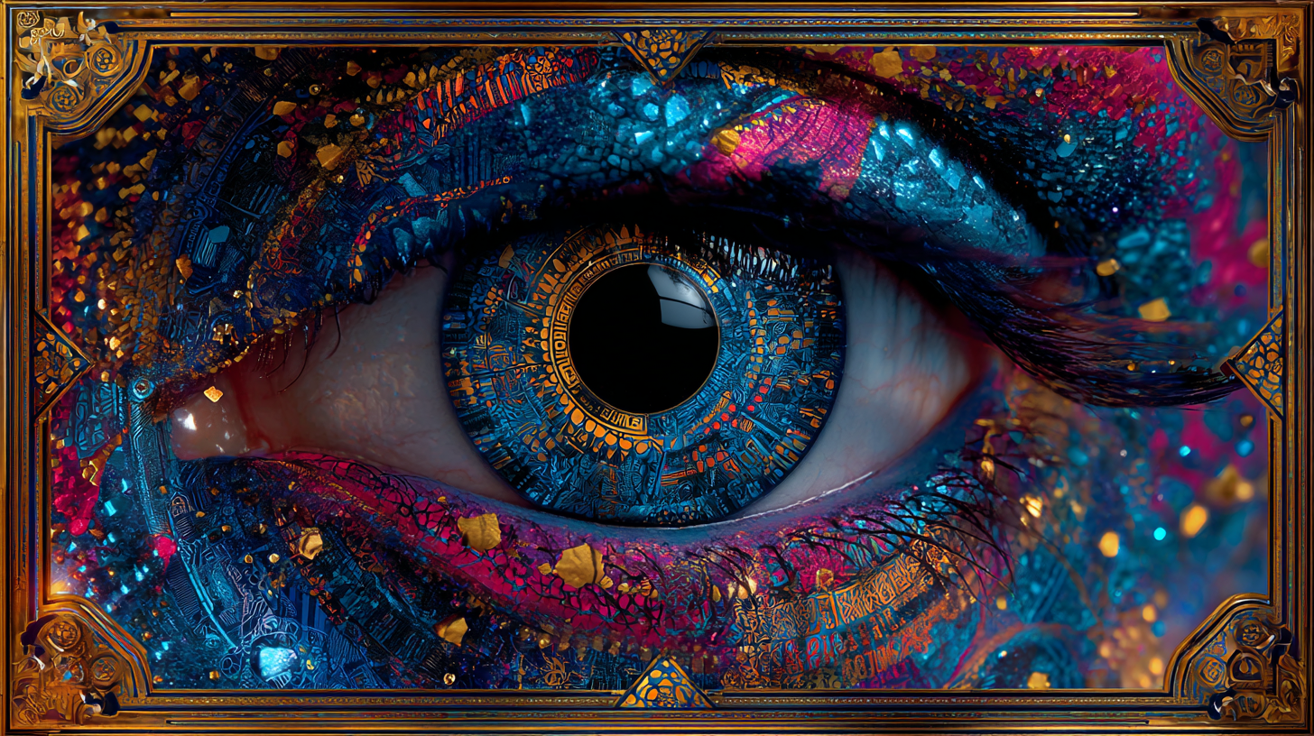 A figure looking into a mirror in a surreal consciousness landscape, representing self-reflection through objective observation in dreams.