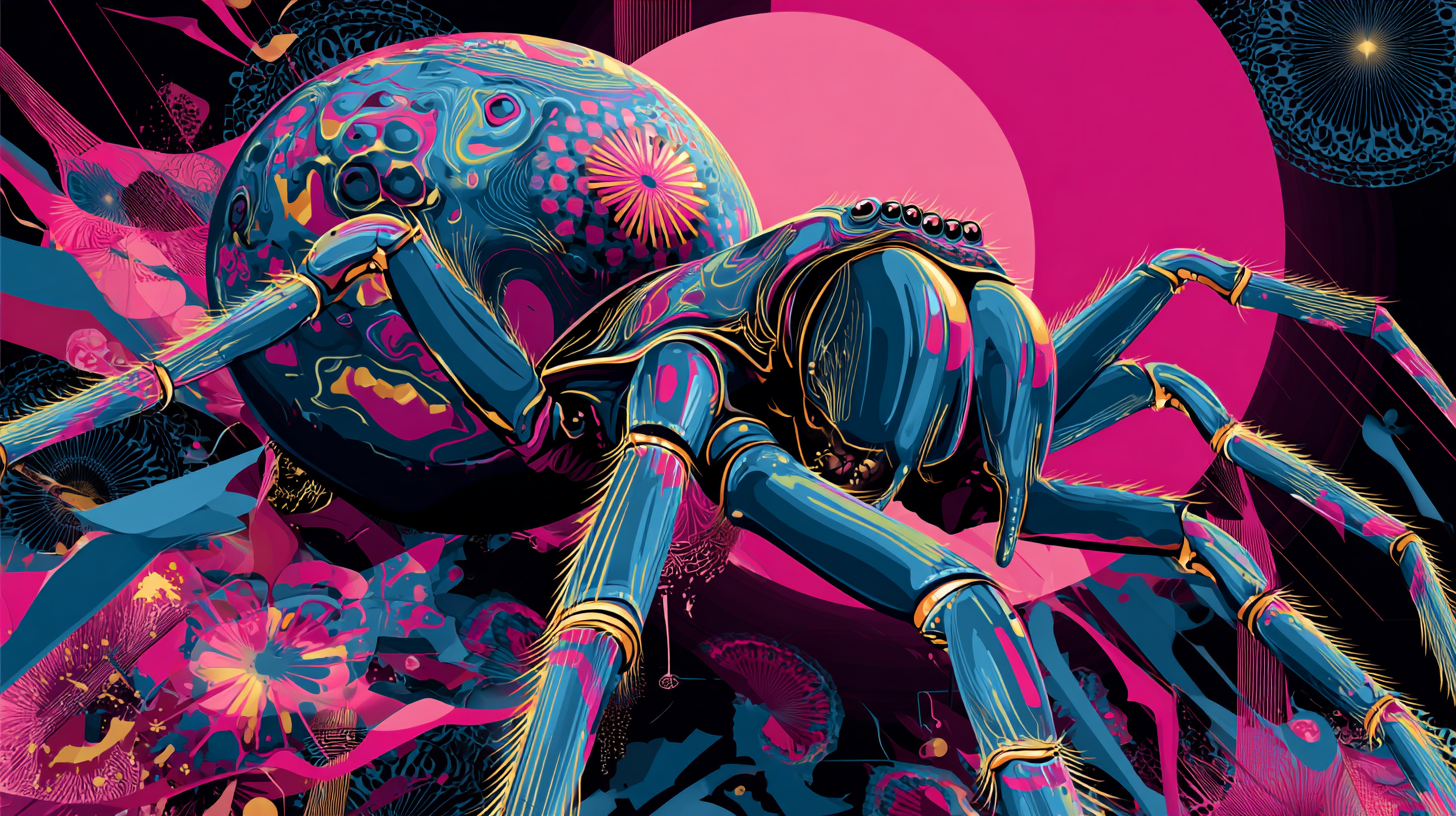 A mystical hyper-surreal spider on its web, symbolizing a small mental habit and the invisible life-structure it spins, in the Universal Language of Mind