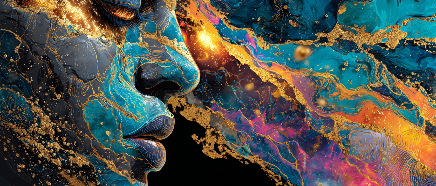 A serene profile with eyes closed, breath streaming outward as a river of gold and colour, in the mystical hyper-surrealist style used across CHITTA articles on meditation and the Universal Language of Mind.