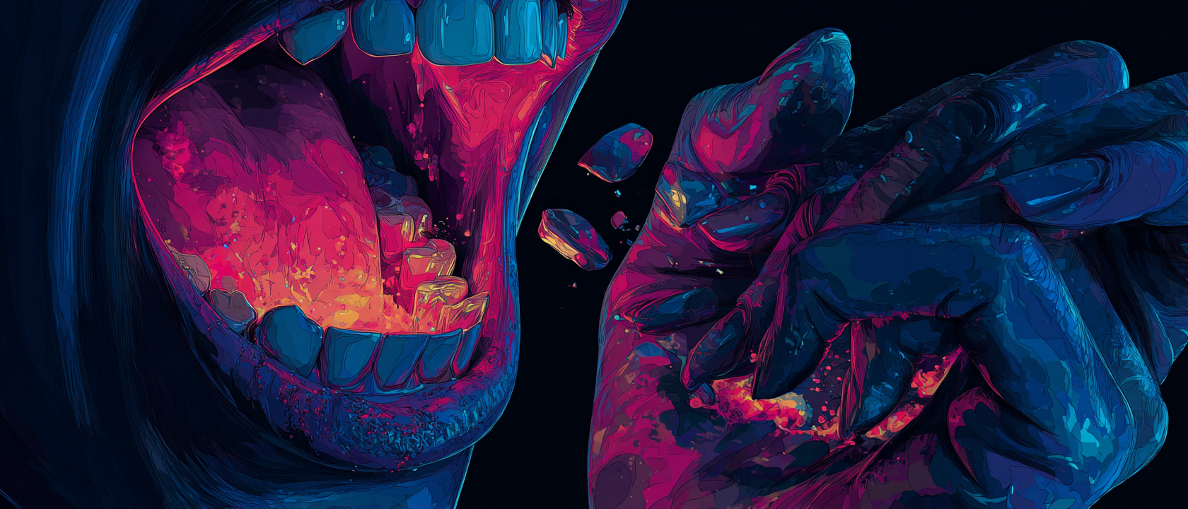 Teeth falling from a person's mouth, representing the dream symbol of teeth in the Universal Language of Mind.