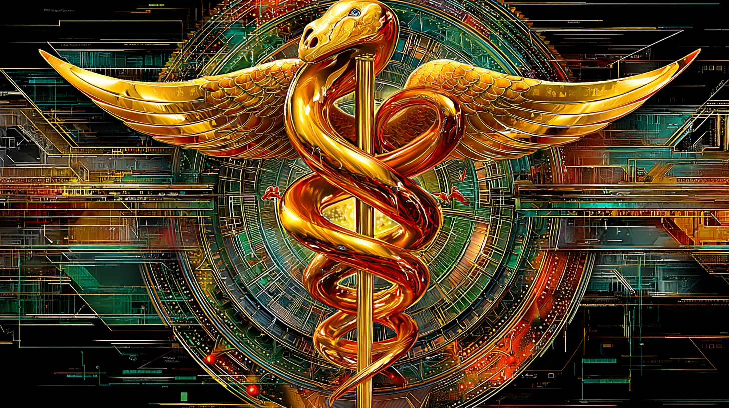 Surreal caduceus with entwined snakes representing lifeforce energy — the ancient symbol behind blood dreams in the Universal Language of Mind.