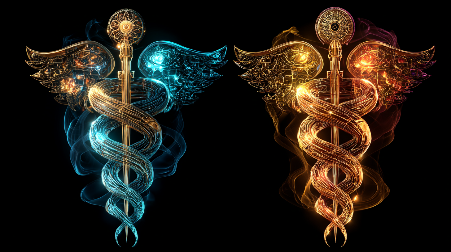 Dos bastones de caduceo alados, con serpientes de luz azul y dorada enroscándose hacia arriba a lo largo de una vara central