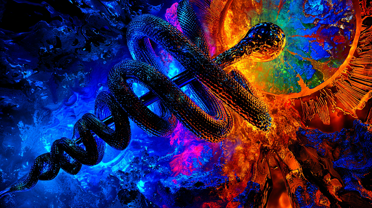 Two serpents coiling up a staff in a burst of blue and fire-orange light, a caduceus of awakened energy