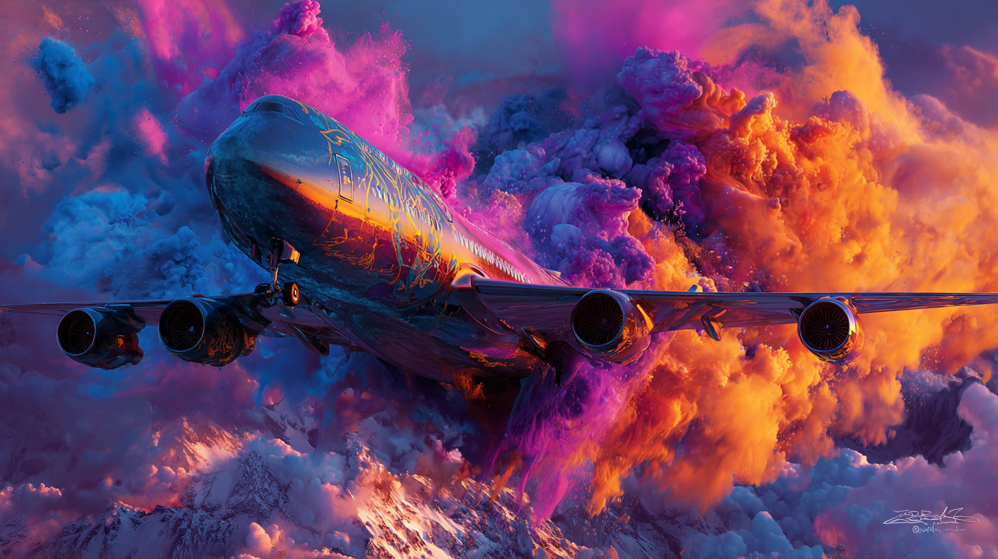 A vast jet climbing through vivid sunset clouds, symbolising disciplined thought moving at altitude