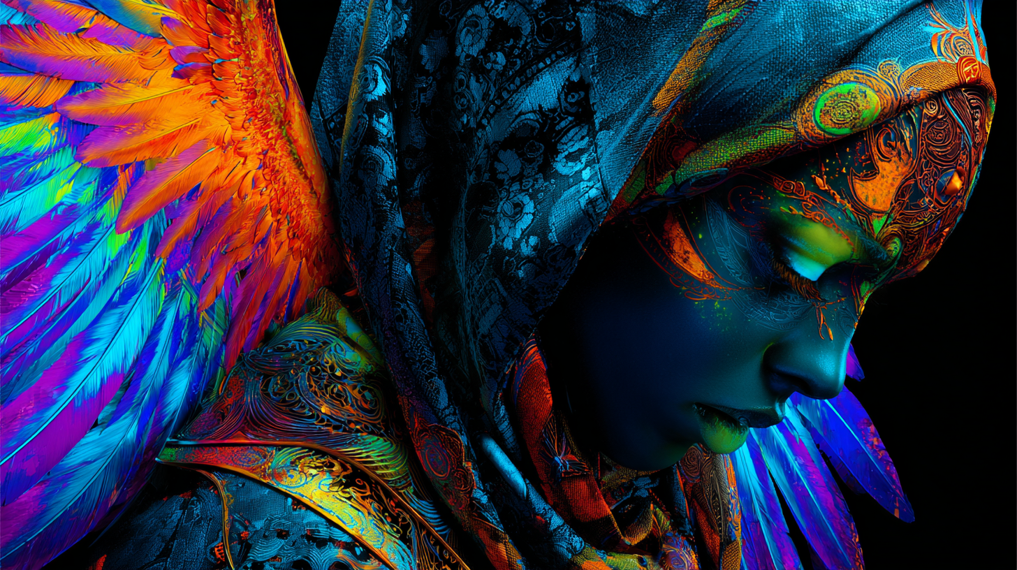 A hooded figure with eyes lowered in stillness, a radiant rainbow wing rising behind her, listening inward