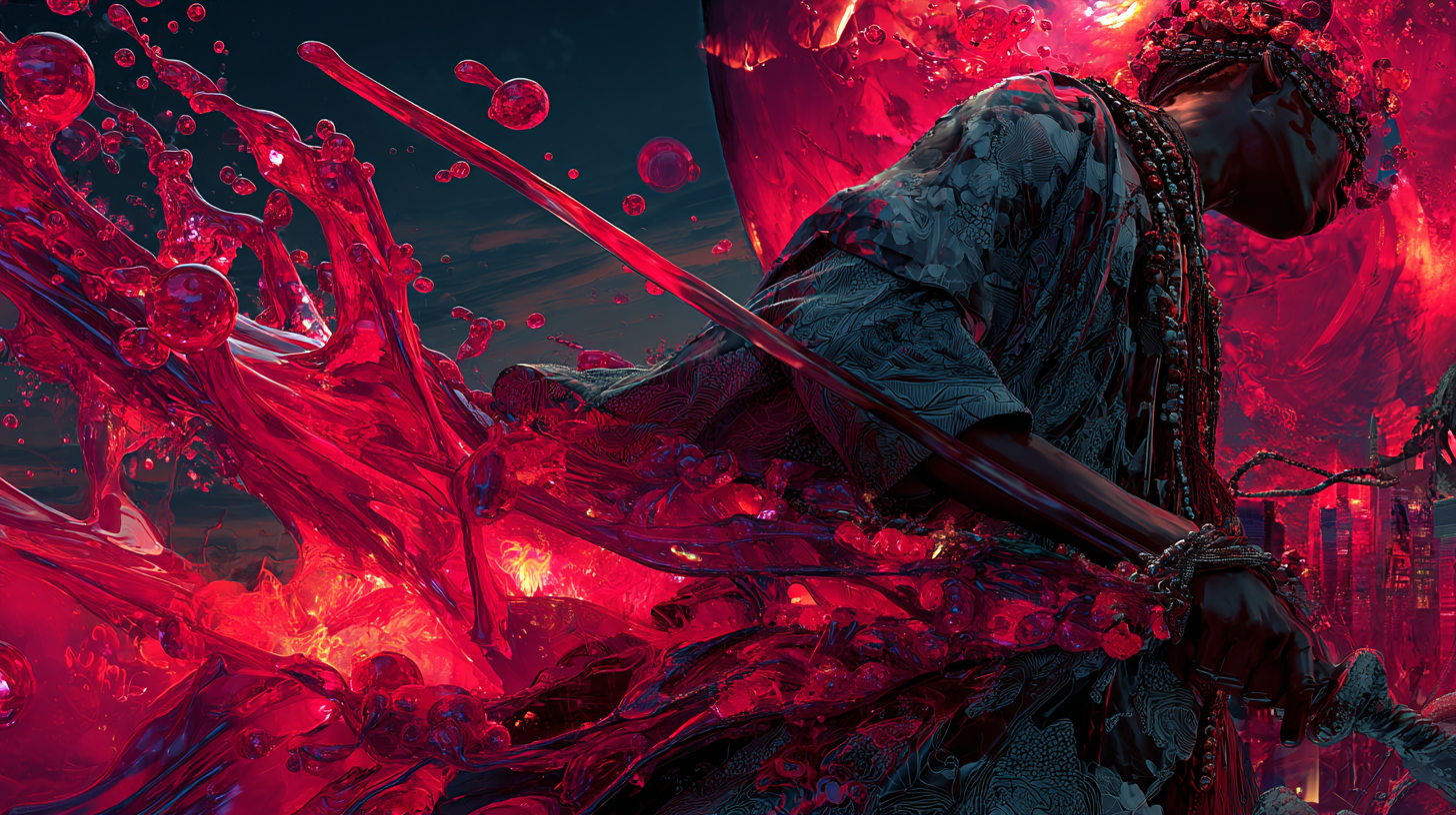Cinematic dreamscape of crimson liquid light flowing through a luminous human figure — symbolic visualization of lifeforce energy in the Universal Language of Mind.