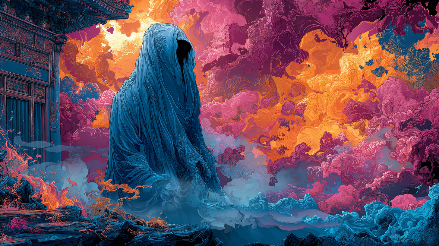 Mystical surreal wraith figure rising and dispersing, symbolizing transformation in a death dream per the Universal Language of Mind.