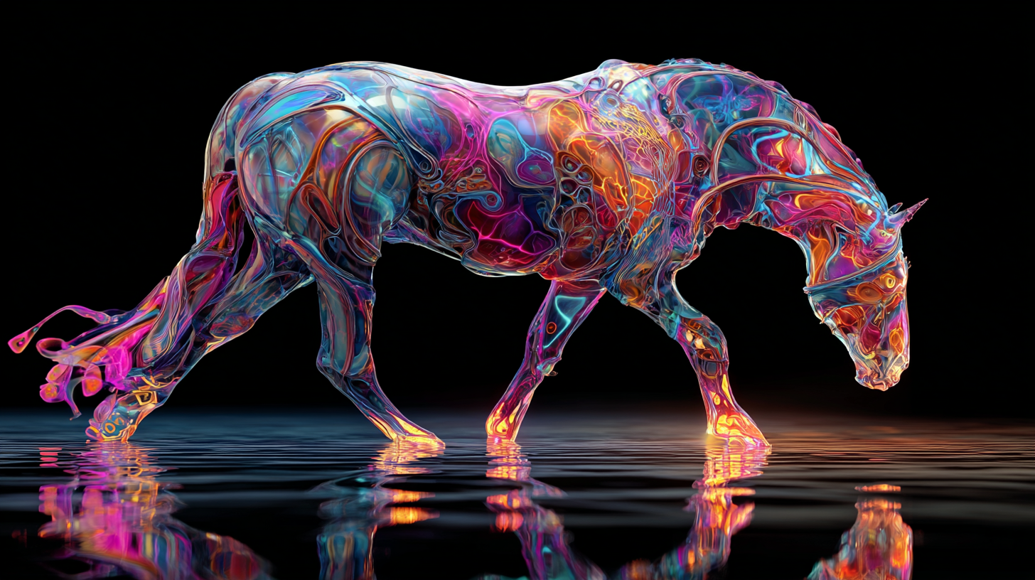 Iridescent glass horse walking across still water, the Universal Language of Mind symbol for will power