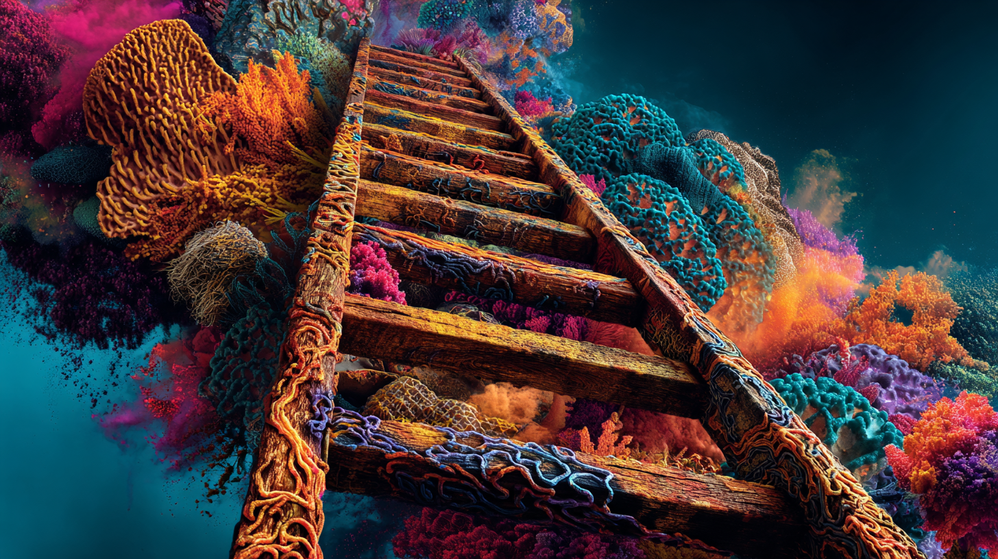 Wooden ladder ascending through vivid coral formations, the Universal Language of Mind symbol for a mental tool for accessing higher levels of mind